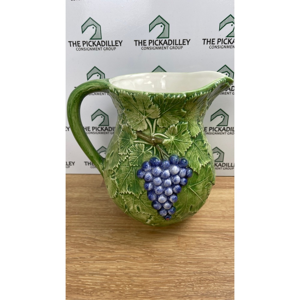 Bassano Italy Ceramic Grape Pitcher Green Purple Embossed Majolica Jug 1804 - Picture 2 of 11